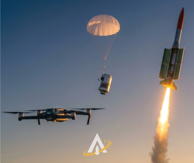Dron, paracaídas y cohete en el cielo